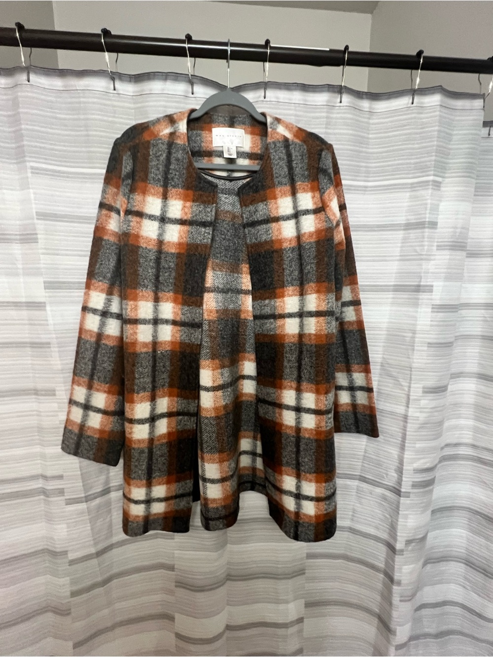 Max Studio Orange Gray Cream Plaid Wool Blend Longline Coatigan L